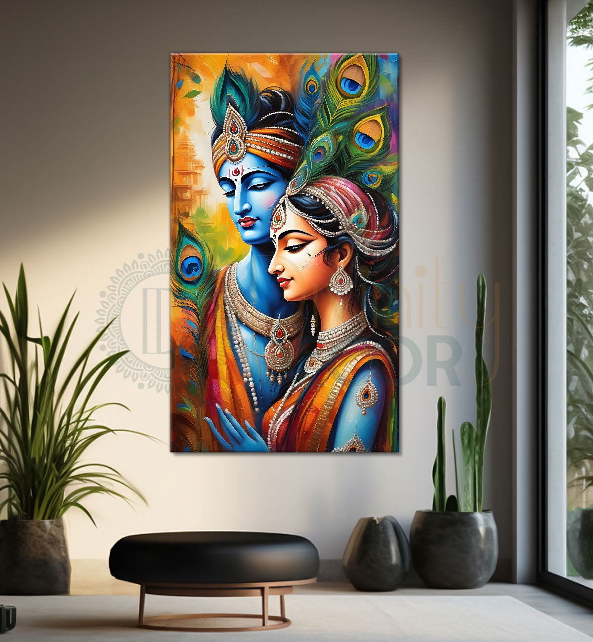 Blue face of krishna with radha in peacock feathers background textured art Canvas Painting - Design - Krishna-V-19