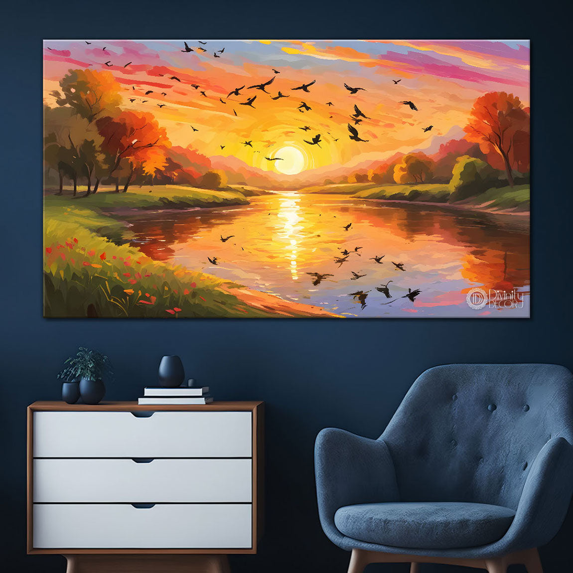 Mountains with bird and sunset painting Canvas Painting - Nature Art -200