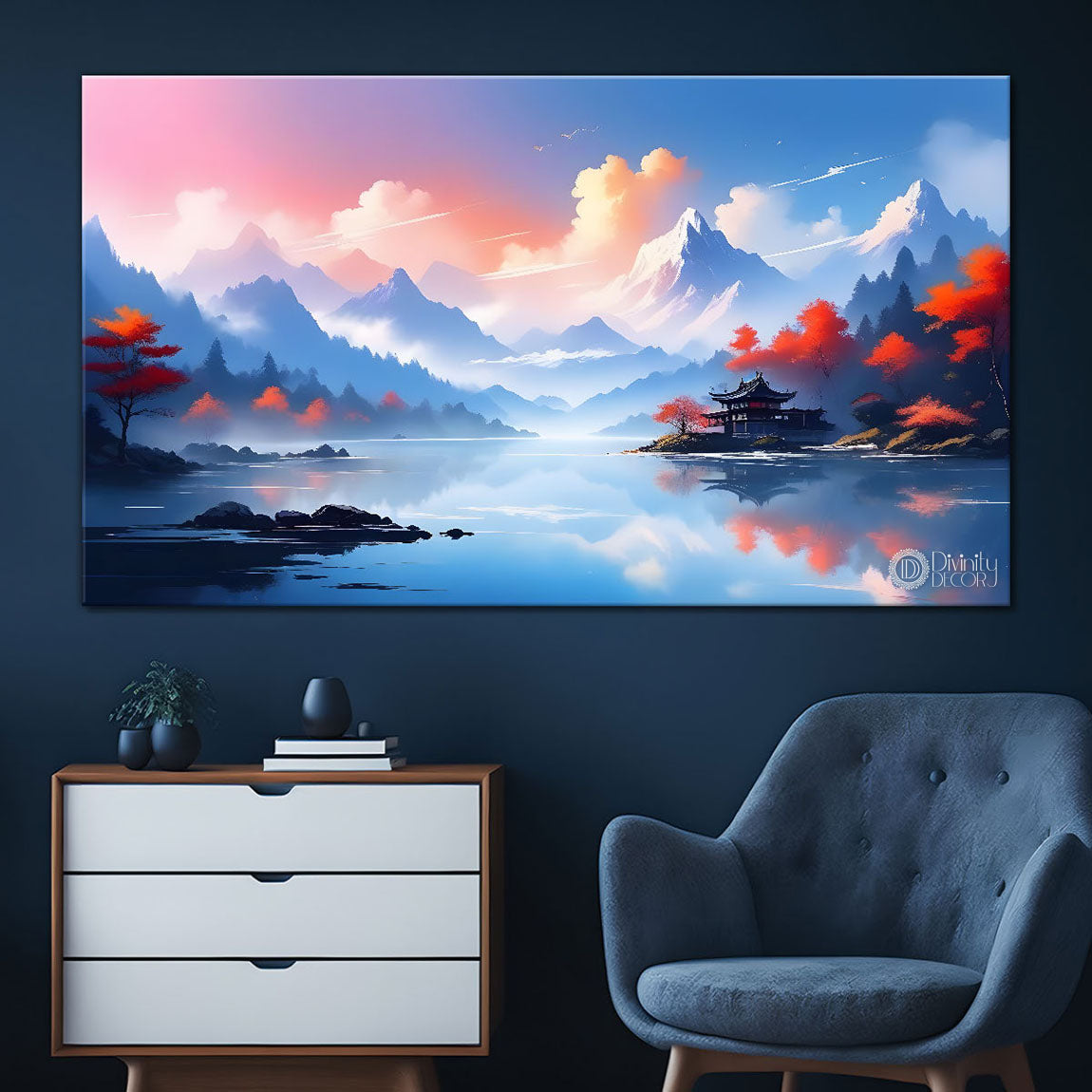 Mountains with clouds and pink trees water color painting Canvas Painting - Nature Art -202