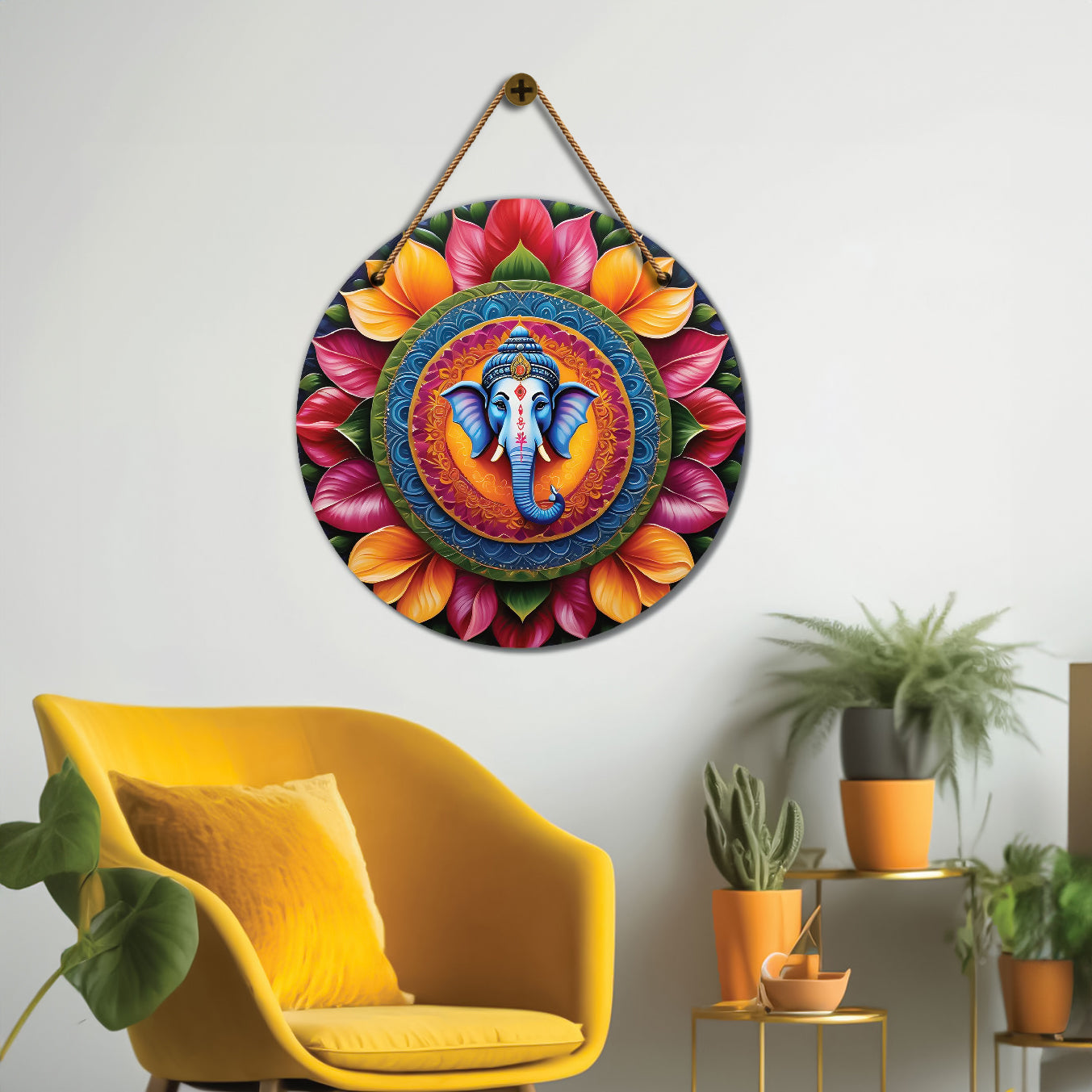 Ganesh Ji in yellow and pink mandala Round Wooden Wall Hanging for wall Décor - Design - 202