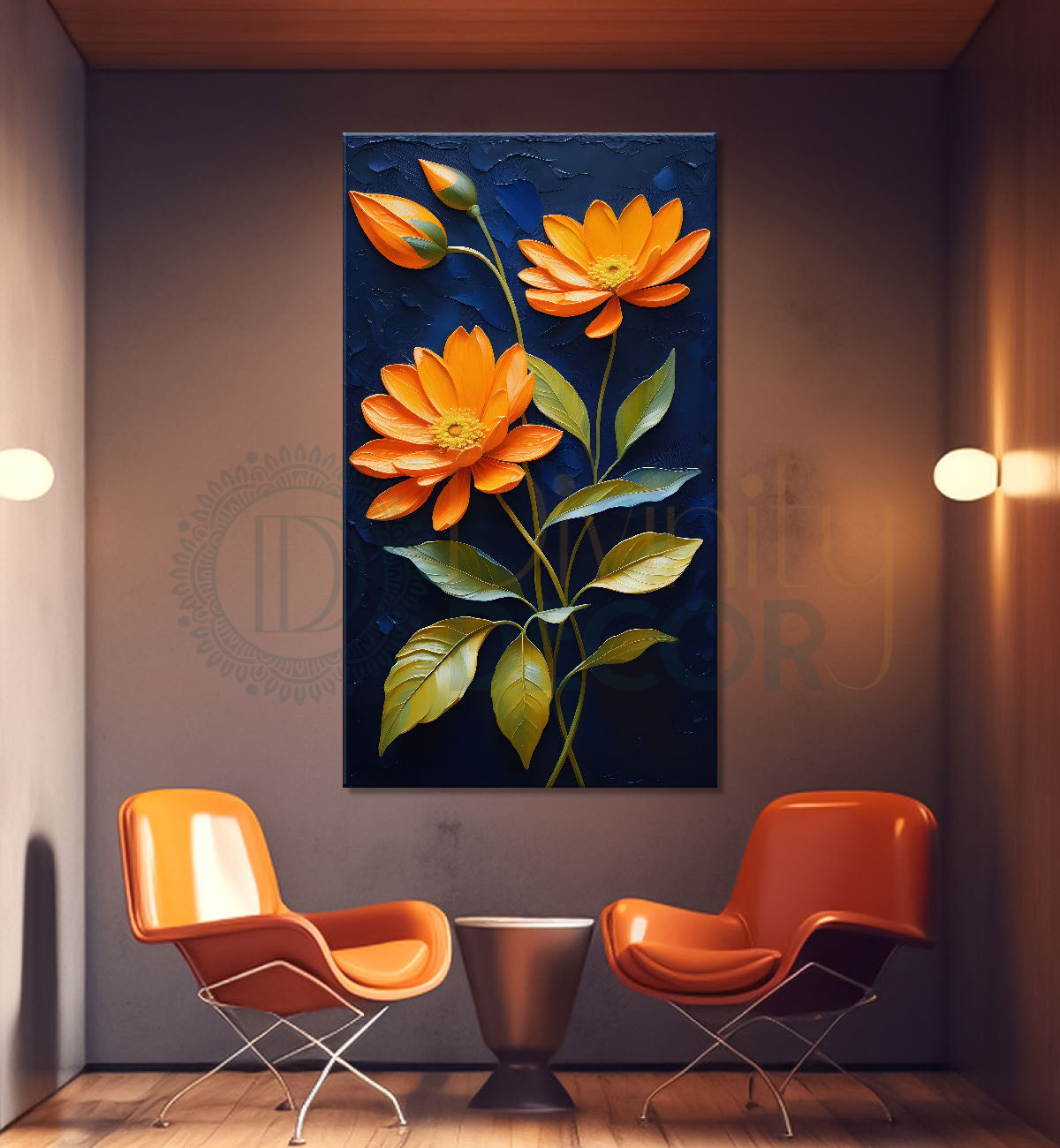 Orange flowers in dark textured painting- Flower-V-203