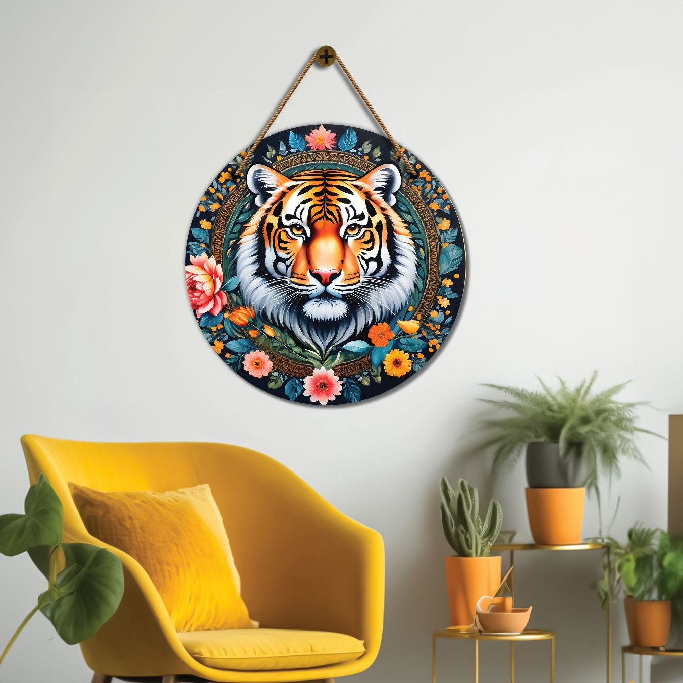 Tiger in green and floral mandala Round Wooden Wall Hanging for wall Décor - Design - 203