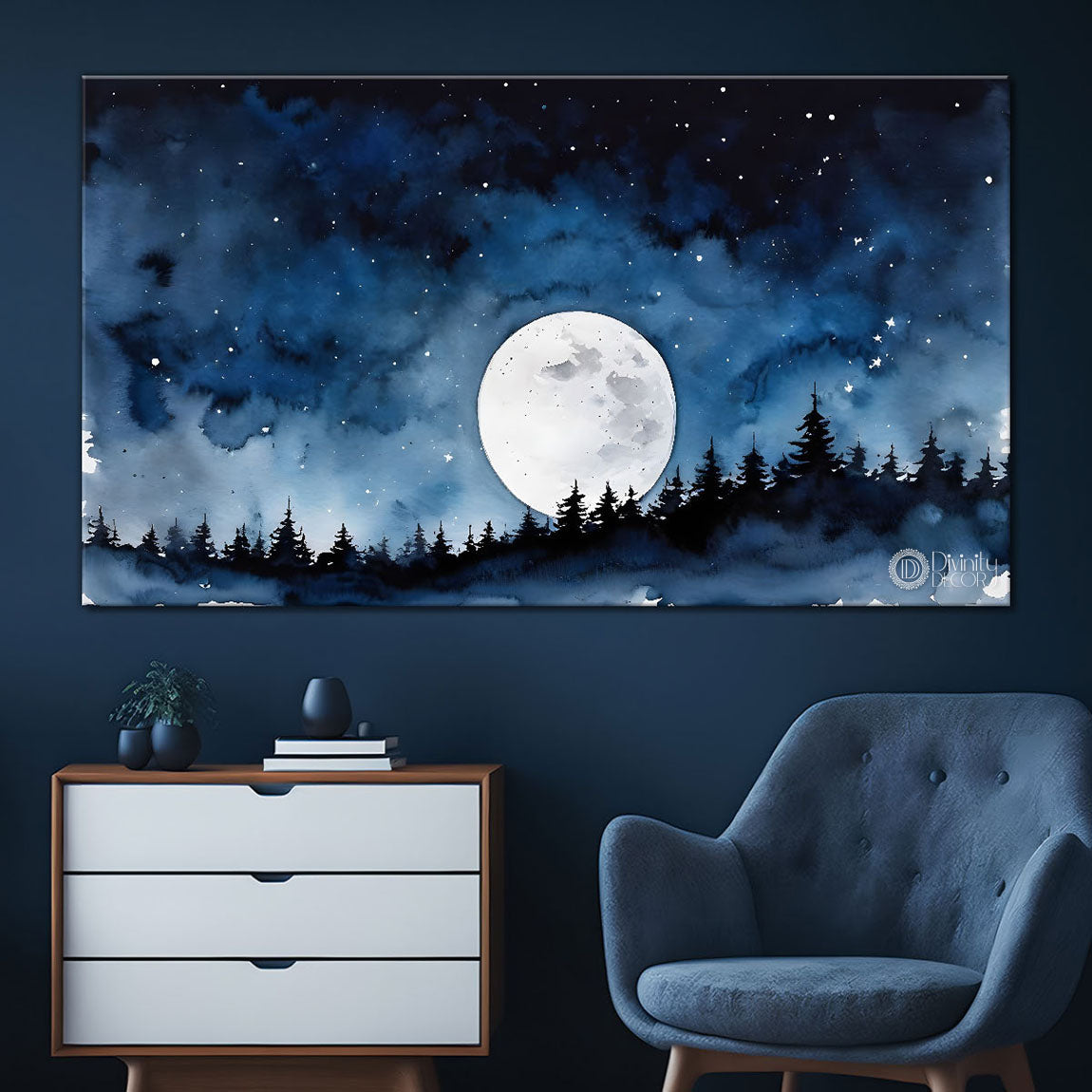 Mountains with tree and moon in textured painting Canvas Painting - Nature Art -203