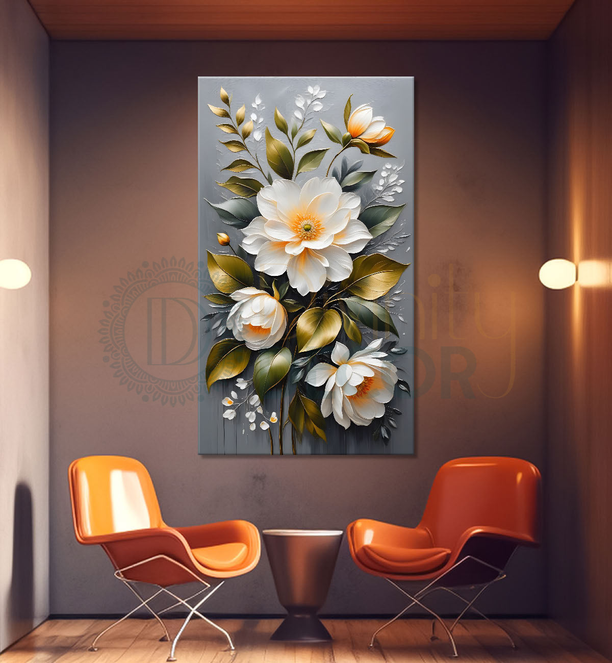 White flowers in grey textured background painting- Flower-V-204