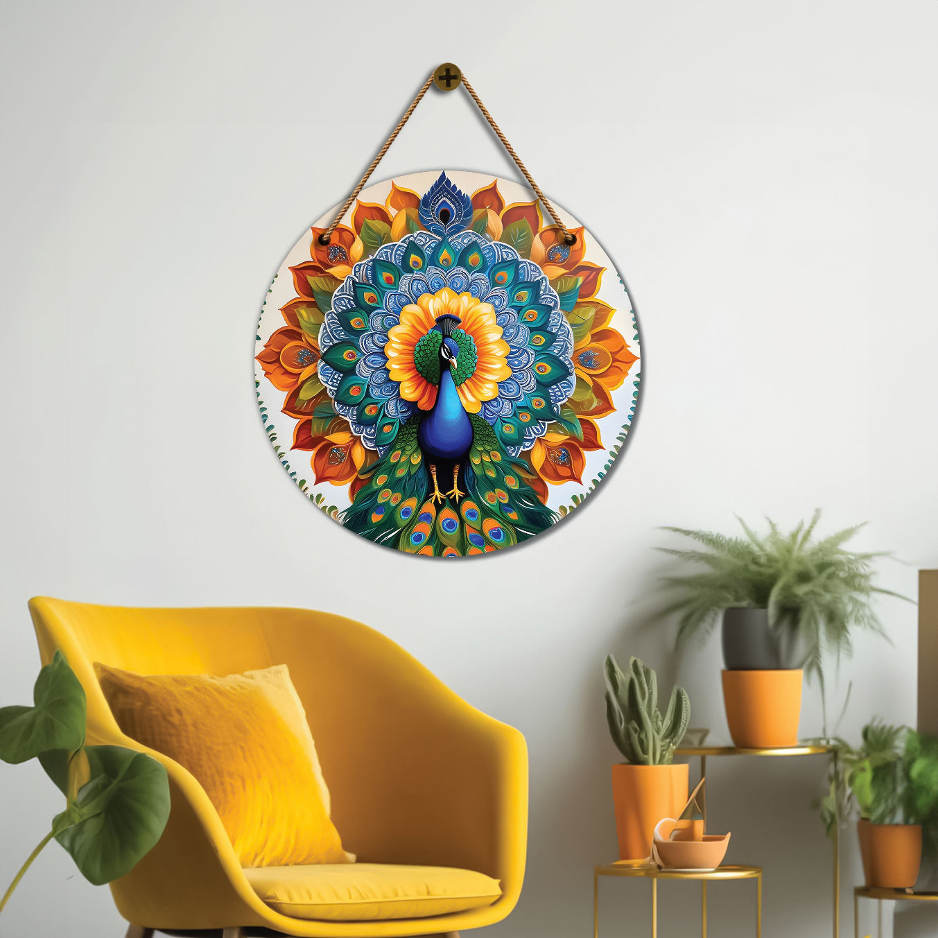 Peacock in blue and orange mandala Round Wooden Wall Hanging for wall Décor - Design - 205