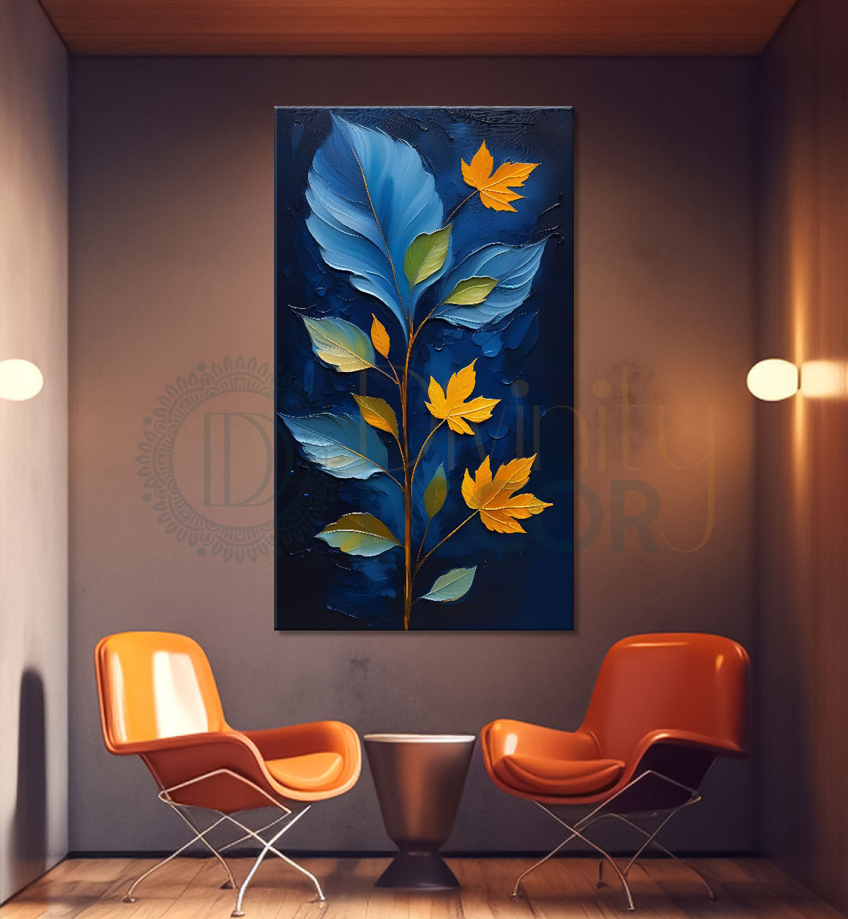 Orange leaves in navy blue textured painting- Flower-V-205