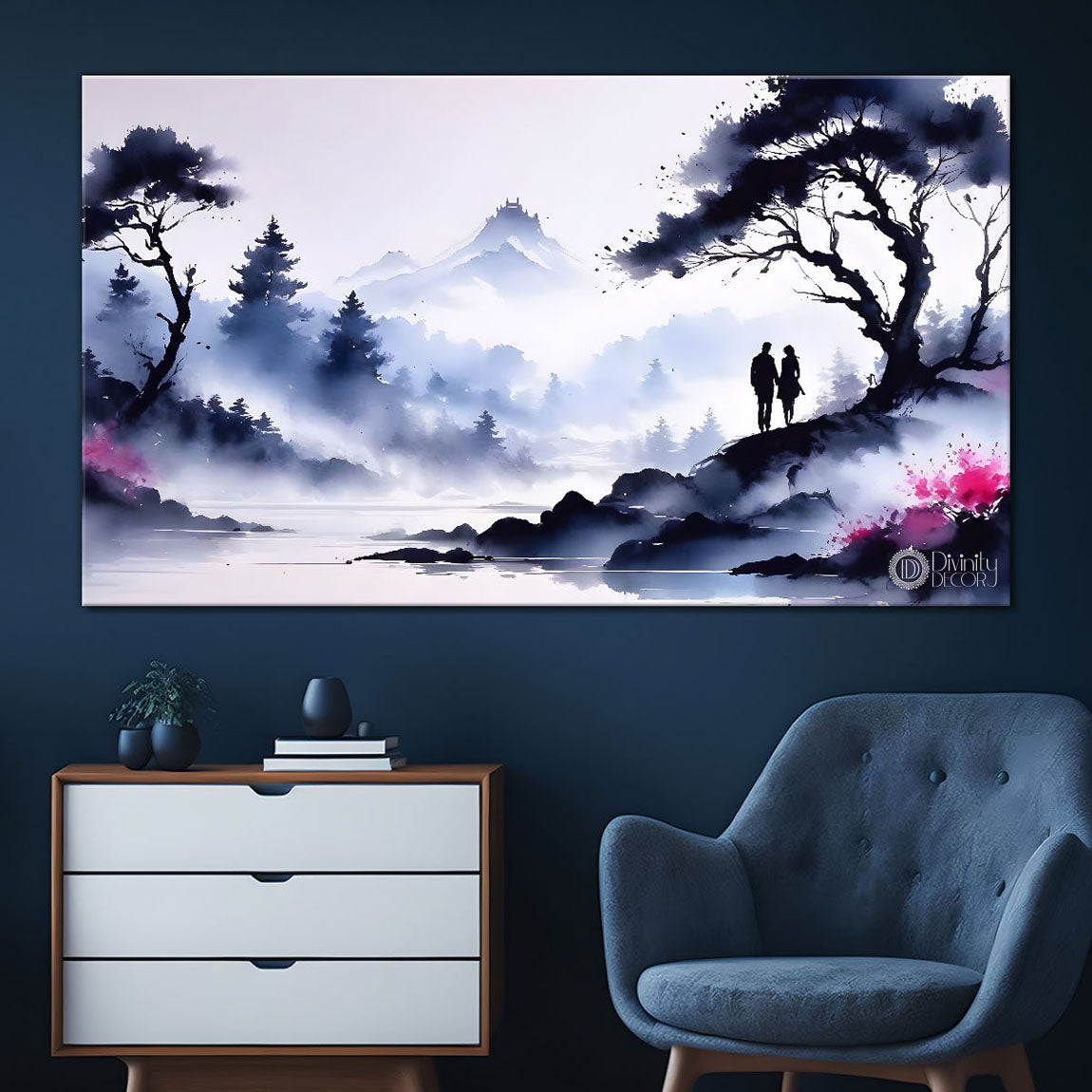 Mountains and trees and pink flowers in water color painting Canvas Painting - Nature Art -205