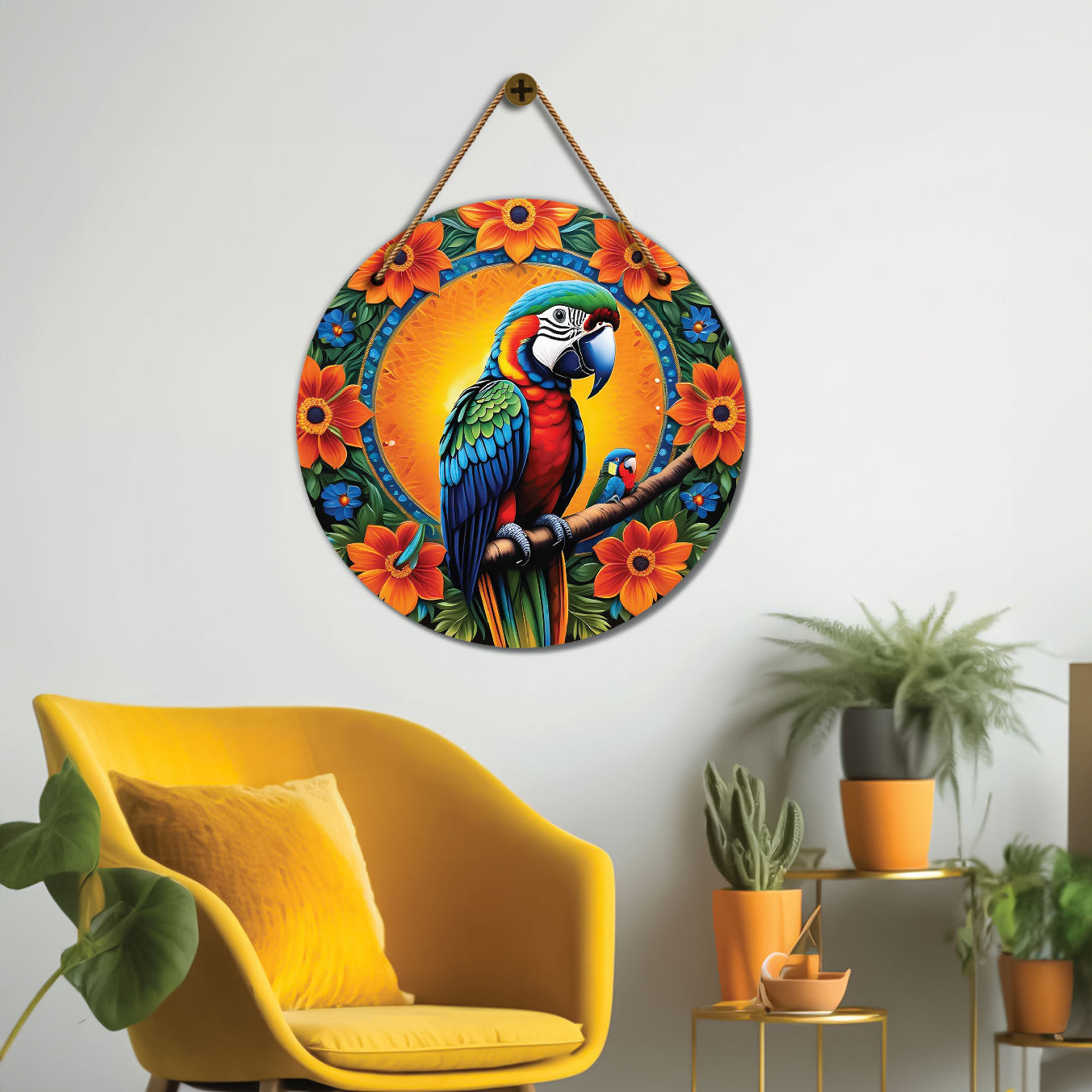 Parrot in green and orange mandala Round Wooden Wall Hanging for wall Décor - Design - 206