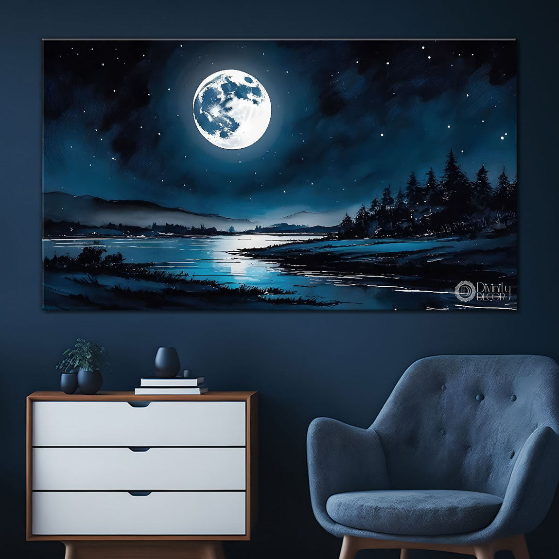 Mountains and river with moon in night painting Canvas Painting - Nature Art -206