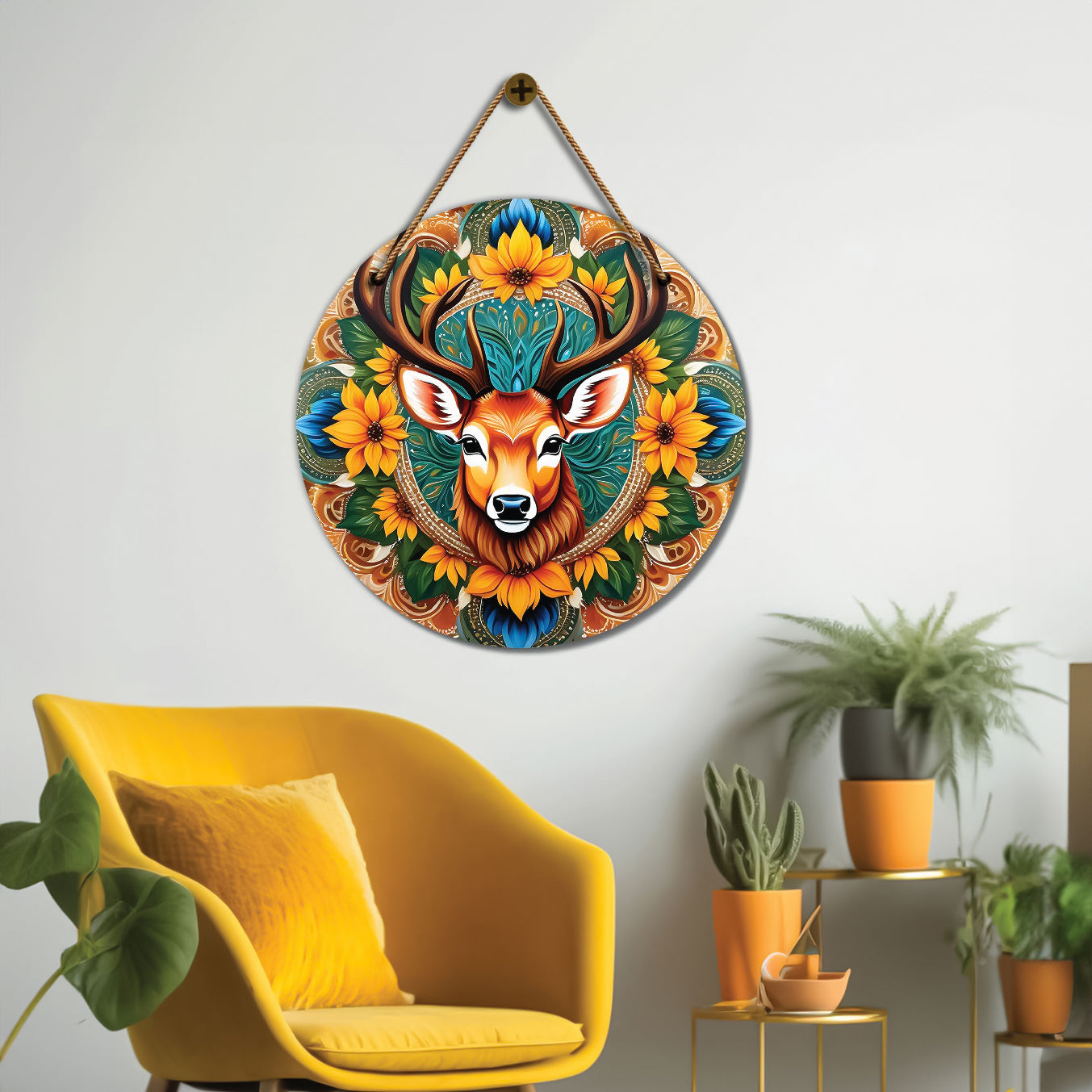 Deer in green and yellow mandala Round Wooden Wall Hanging for wall Décor - Design - 207