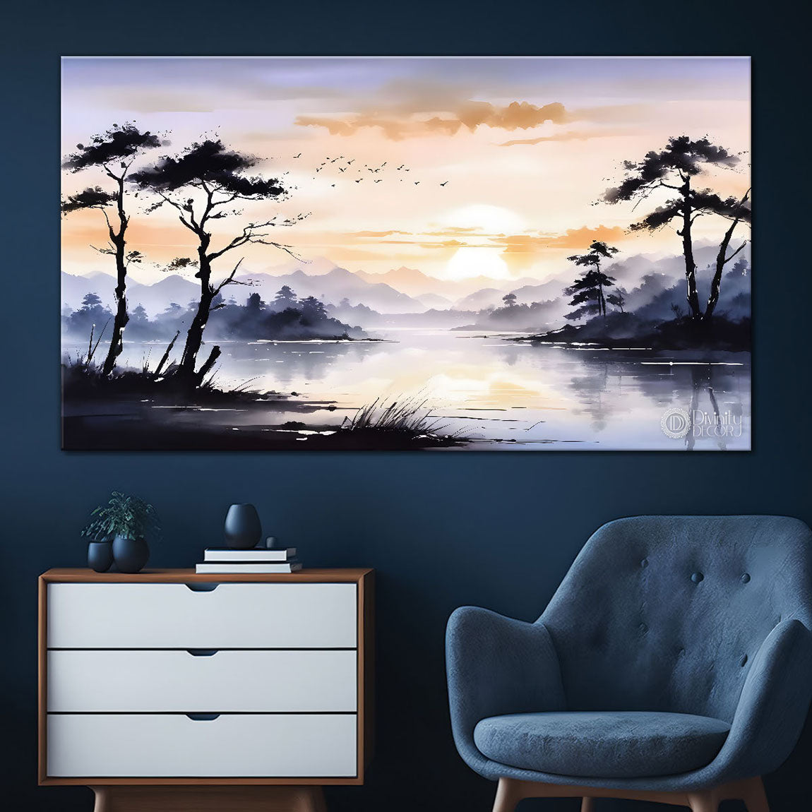 Mountains with clouds and tree in textured water color painting Canvas Painting - Nature Art -207