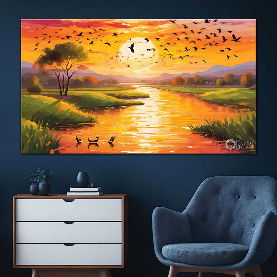 Mountains with greenery , river and bird in sunset painting Canvas Painting - Nature Art -208
