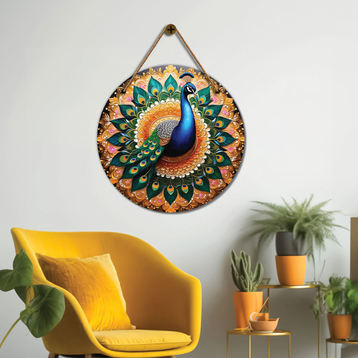 Peacock in green and golden mandala Round Wooden Wall Hanging for wall Décor - Design - 209