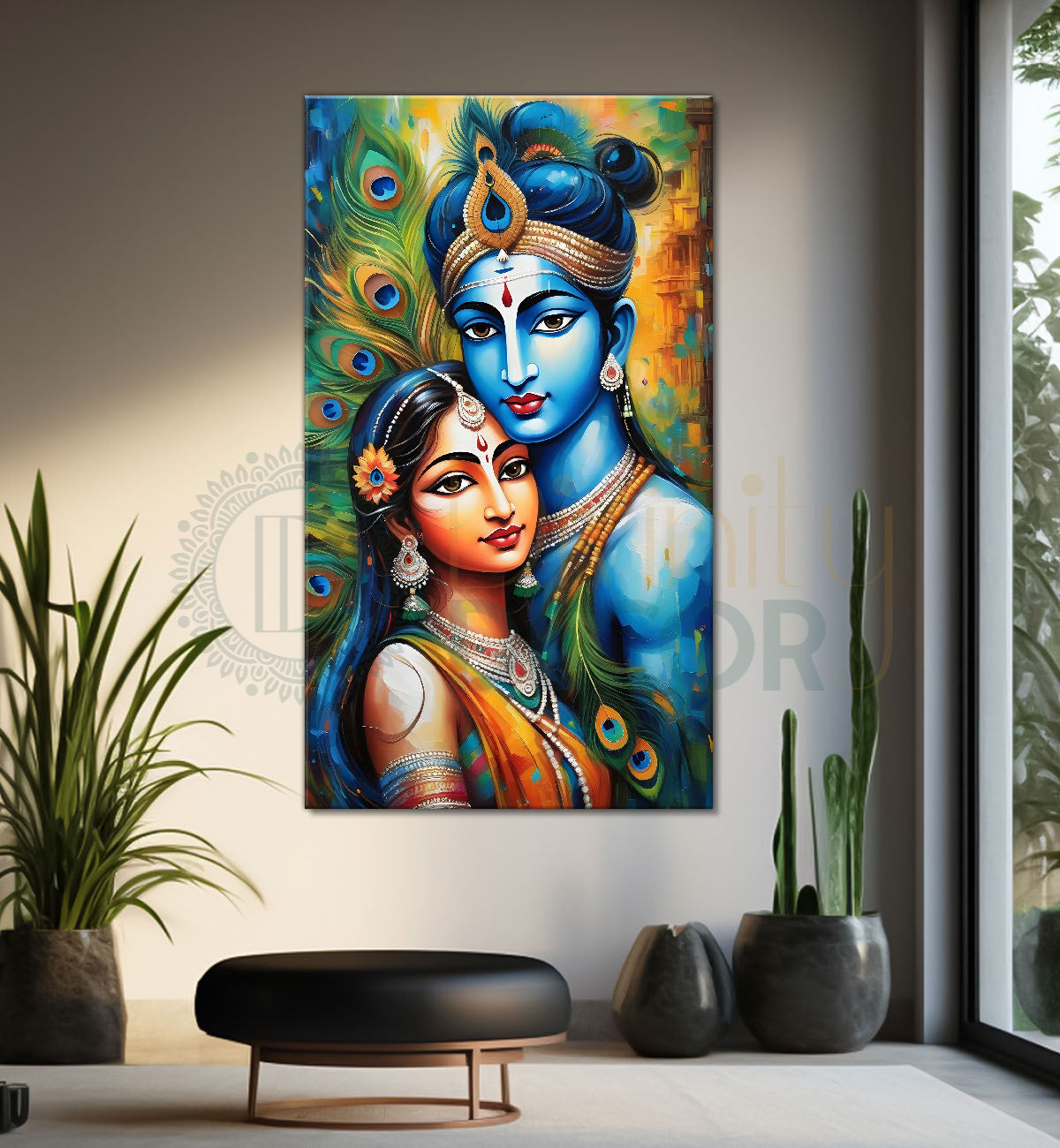 Blue face of krishna with radha in peacock feathers background textured art Canvas Painting - Design - Krishna-V-20