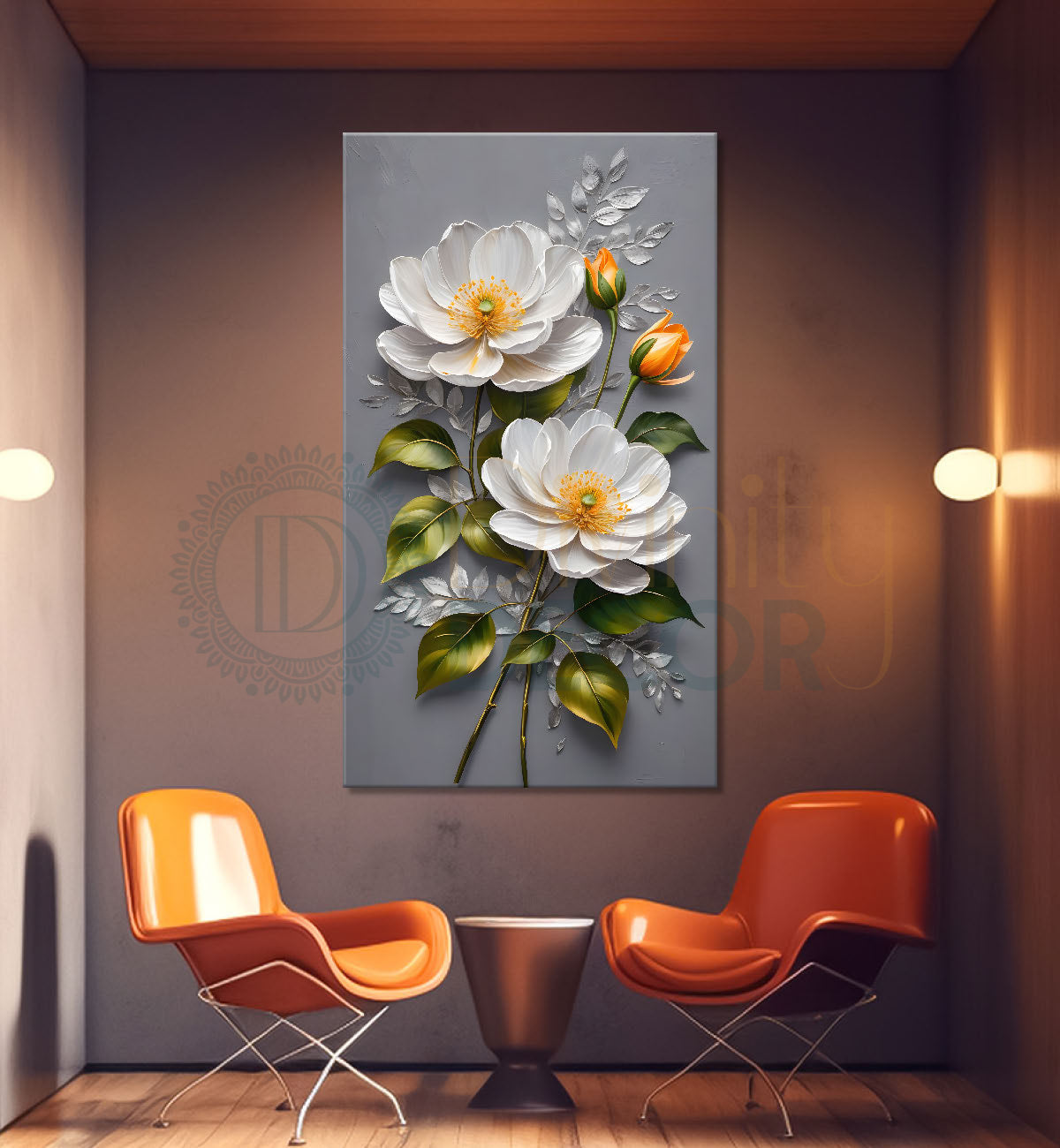 White flowers in grey textured background painting- Flower-V-210