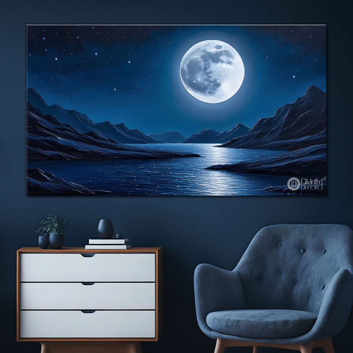 Mountains with river and moon painting Canvas Painting - Nature Art -210