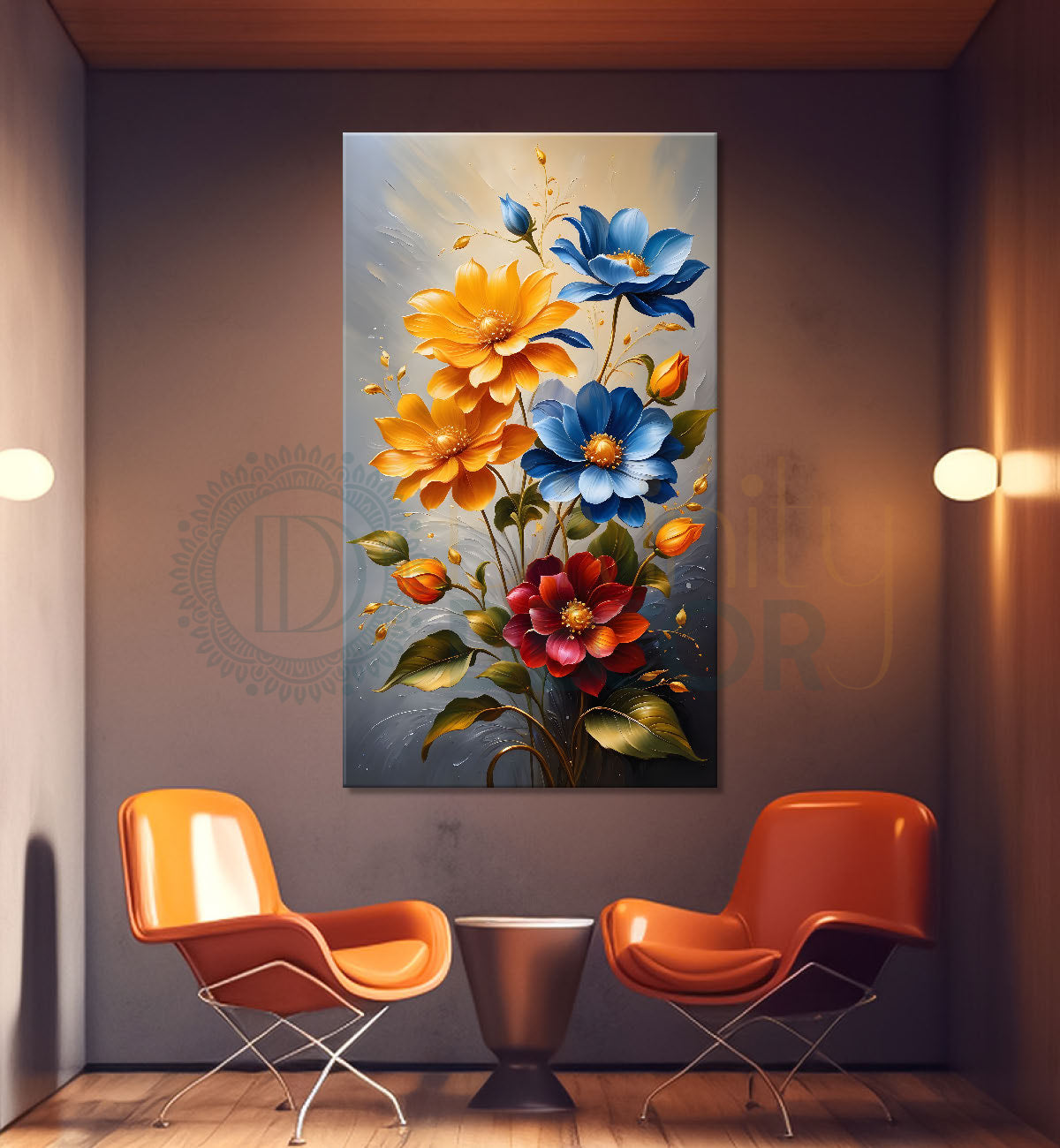 Colourful flowers in grey textured background painting- Flower-V-211