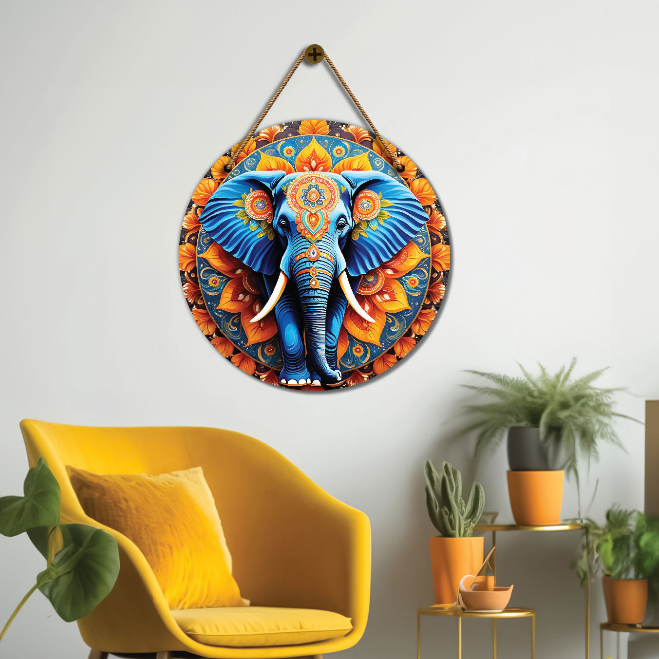 Elephant in green and orange mandala Round Wooden Wall Hanging for wall Décor - Design - 211