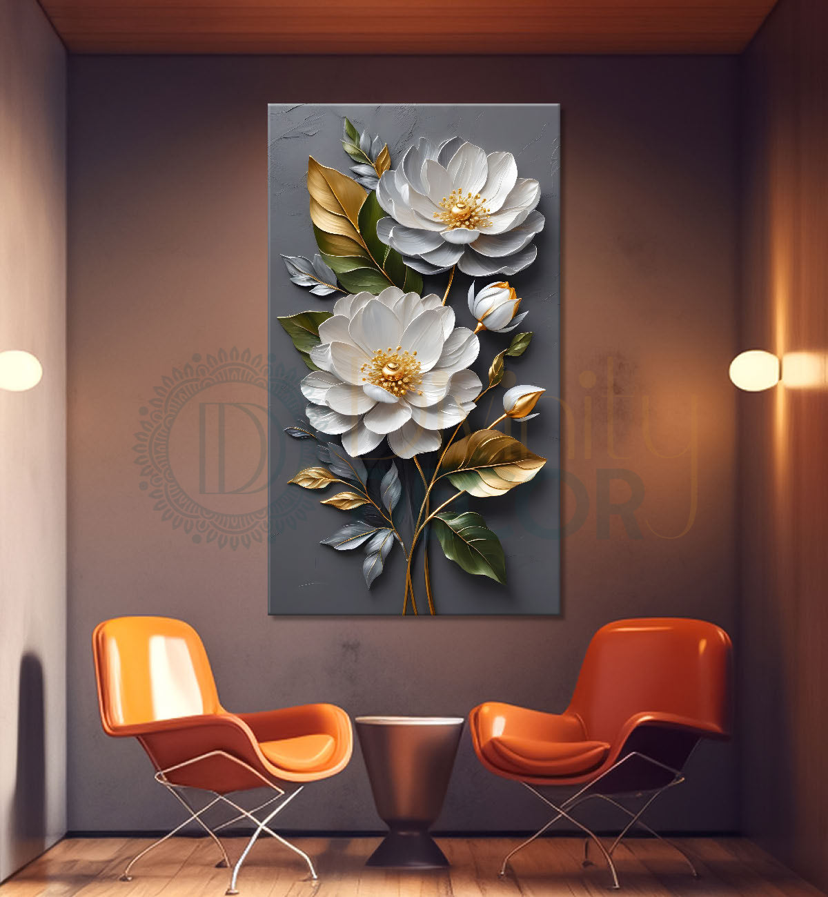 White flowers in grey textured background painting- Flower-V-212