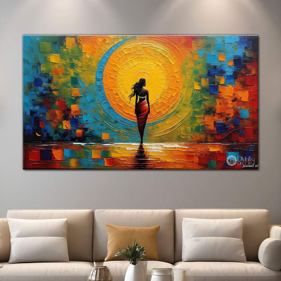 Beautiful lady with bright background textured art Canvas Painting - Design - Modern-L-212