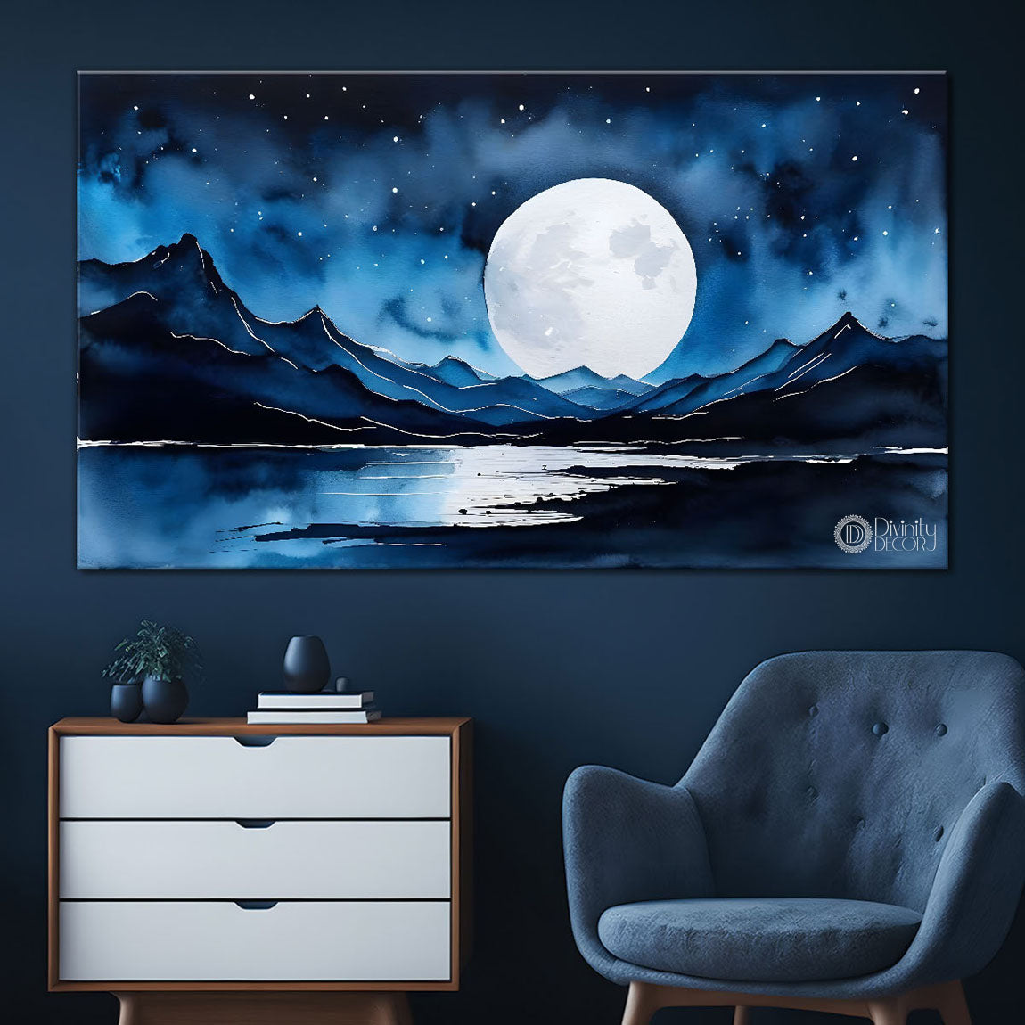 Mountains with river and moon painting Canvas Painting - Nature Art -212