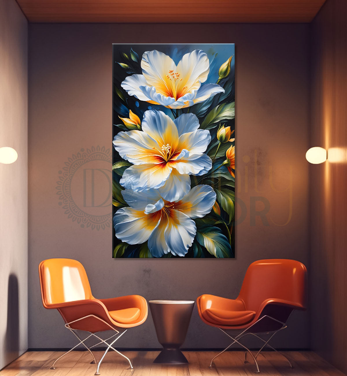 White flowers in blue textured background painting- Flower-V-213