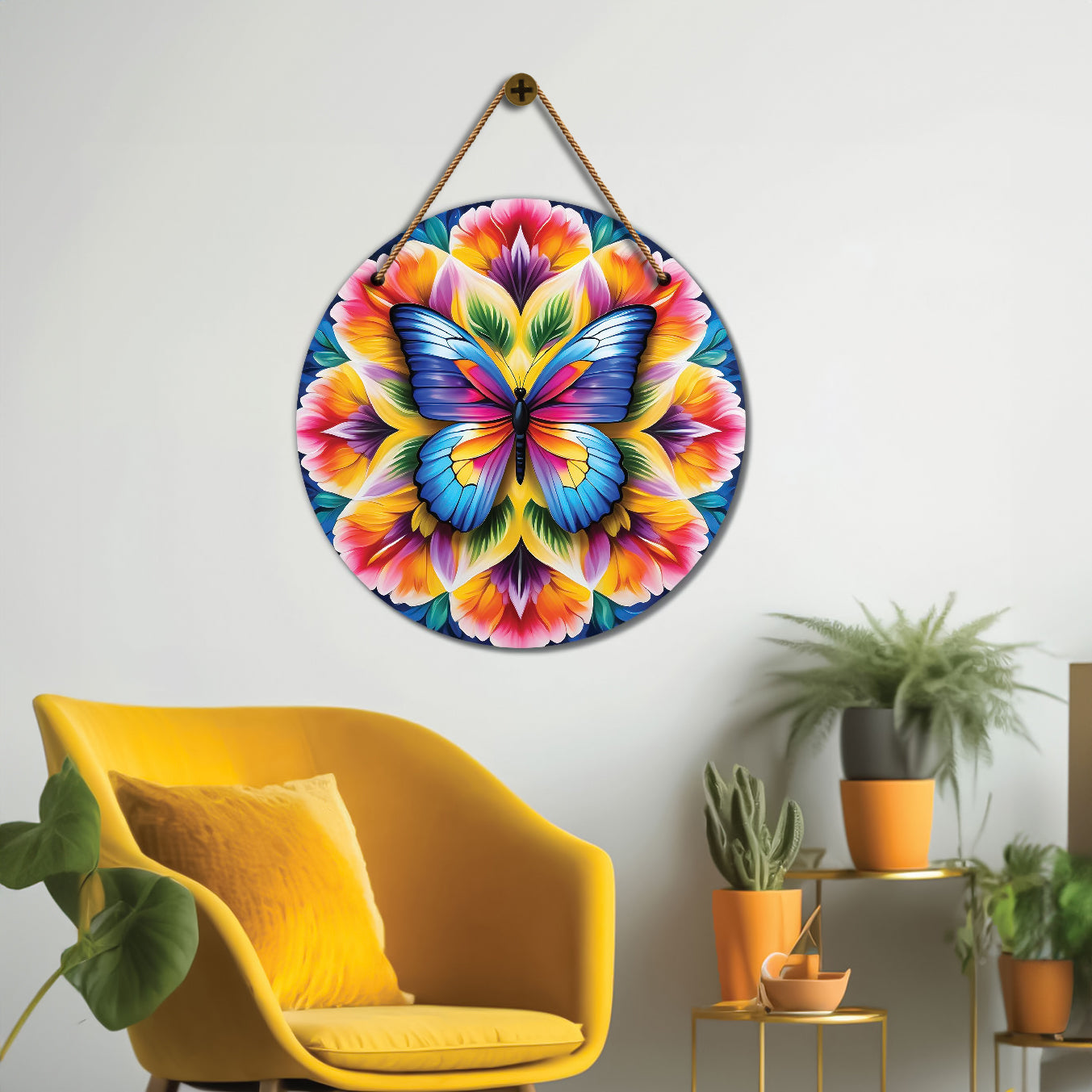 Butterfly in blue and pink mandala Round Wooden Wall Hanging for wall Décor - Design - 213