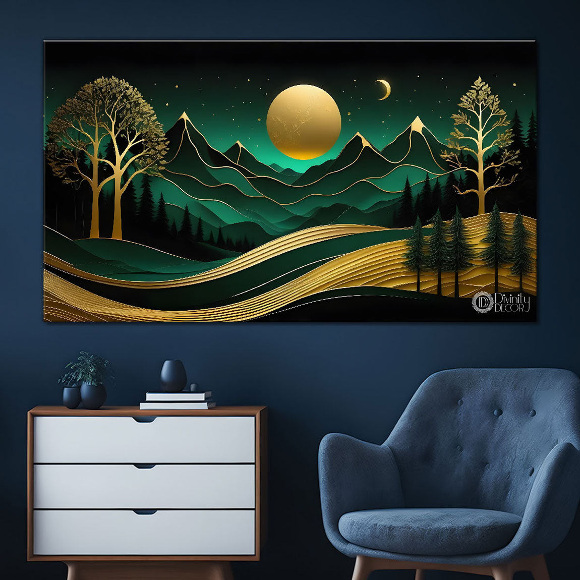 Green mountains with golden moon and trees Canvas Painting - Nature Art -214