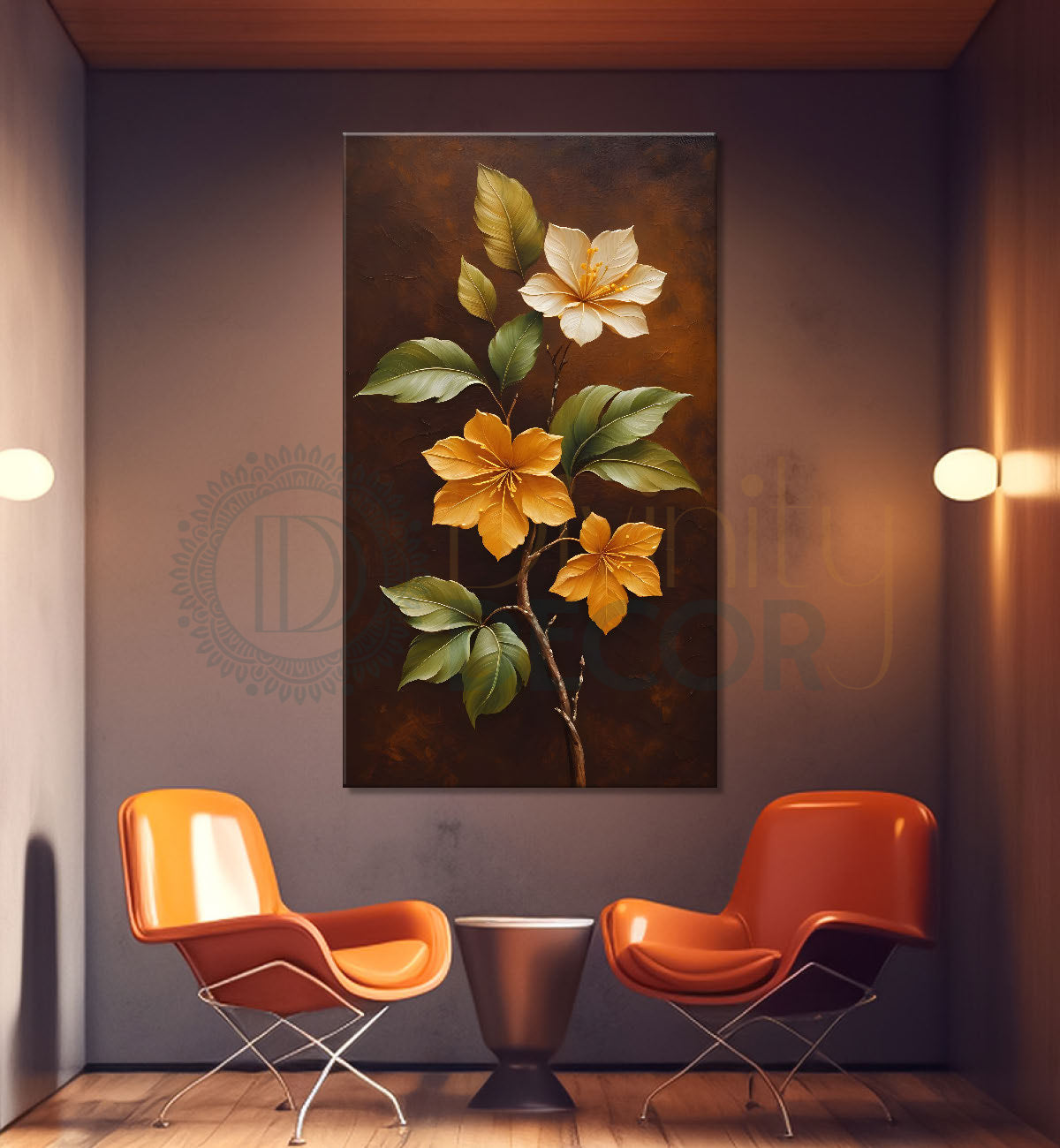 Yellow flowers in brown textured painting- Flower-V-214