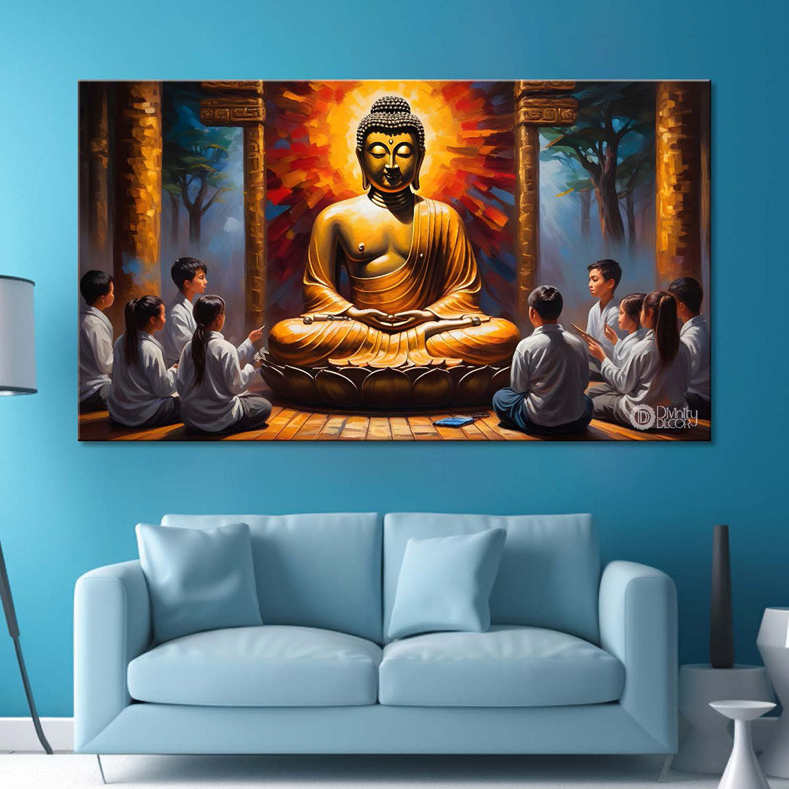 Golden buddha with red  textured background painting Canvas Wall Painting - Buddha-215