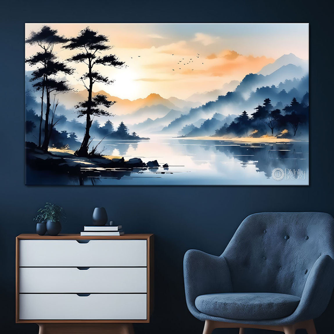 Mountains with tree and river painting Canvas Painting - Nature Art -215
