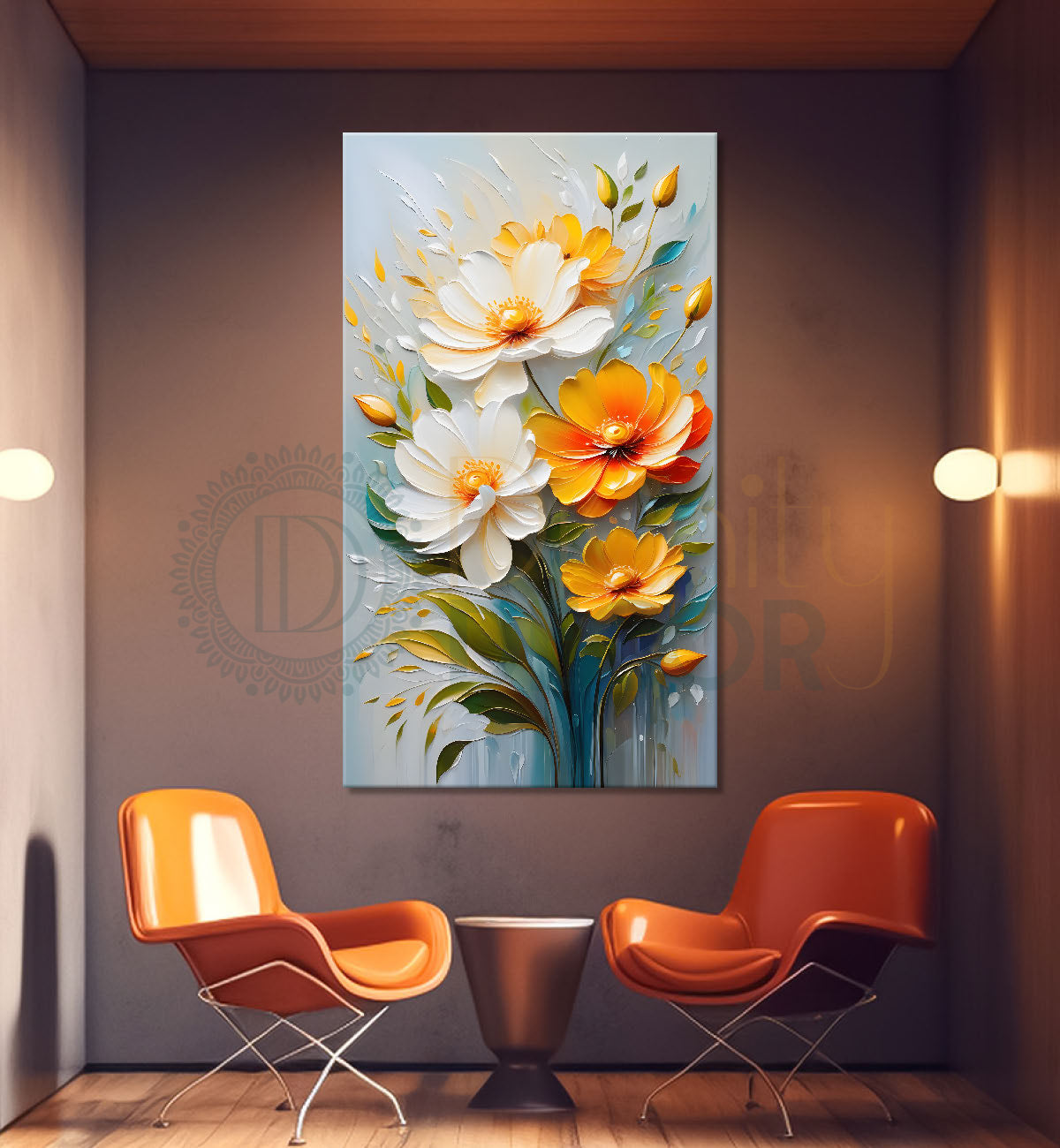 Orange and white flowers in grey textured painting- Flower-V-215