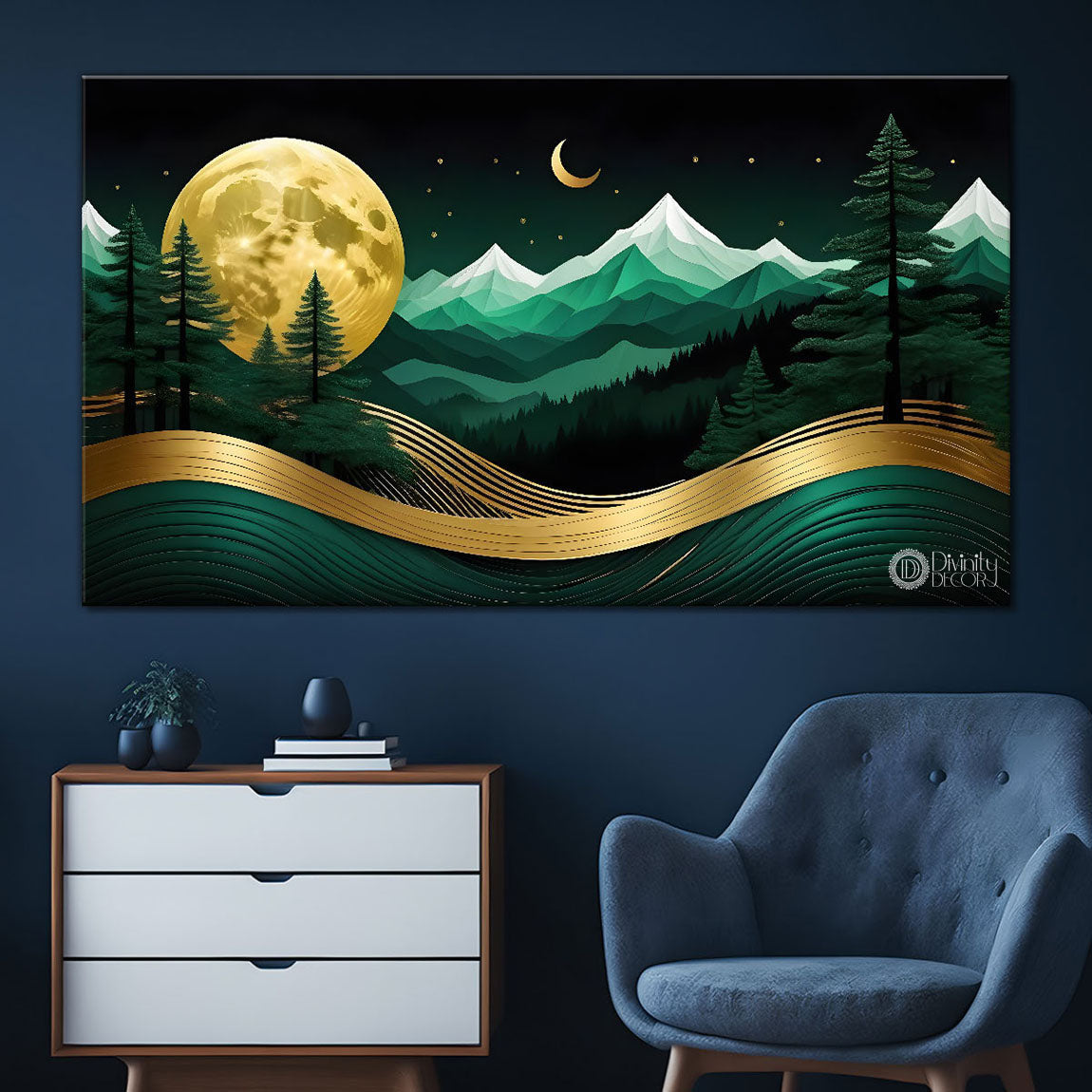Green mountains with golden moon and trees Canvas Painting - Nature Art -216