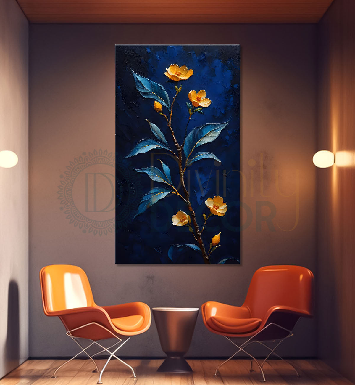Orange flowers in navy blue textured painting- Flower-V-216