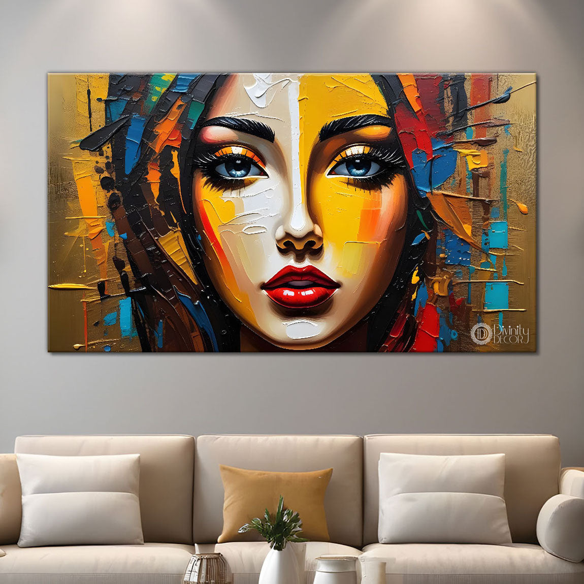 Modern beautiful lady face with bright textured art Canvas Painting - Design - Modern-L-216
