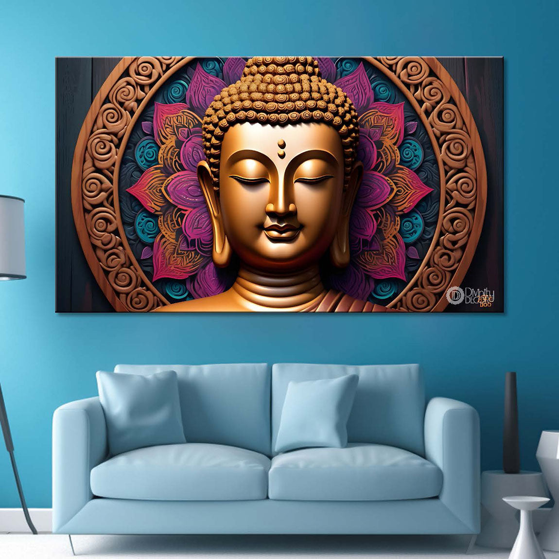 Golden buddha with red  textured background painting Canvas Wall Painting - Buddha-217