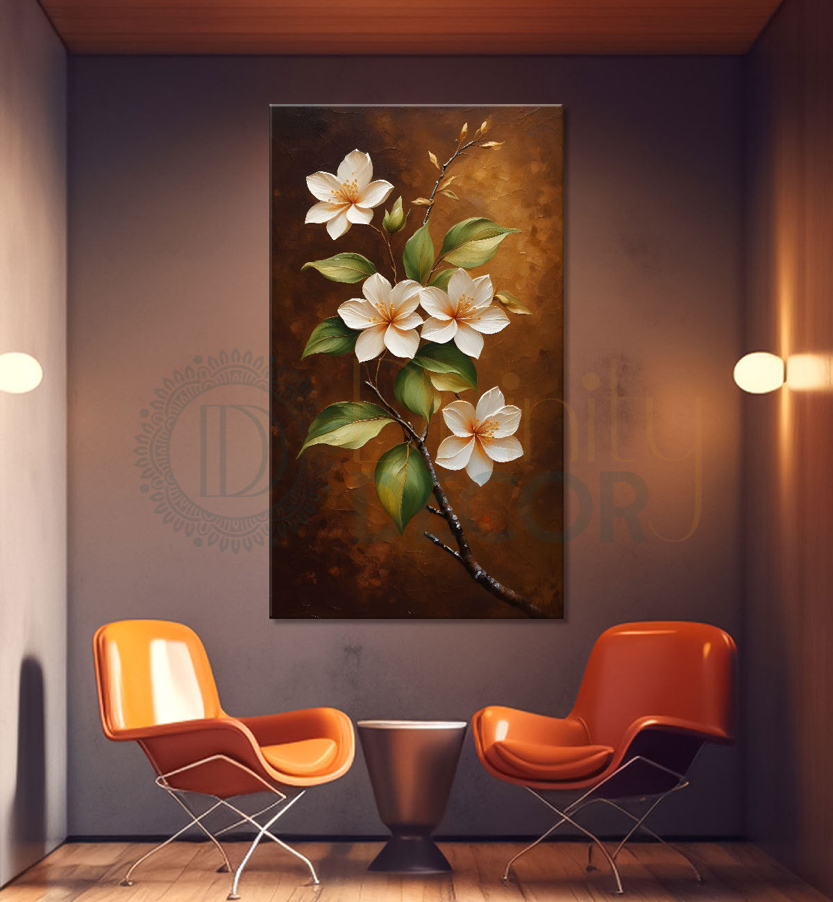 White flowers in brown textured painting- Flower-V-217