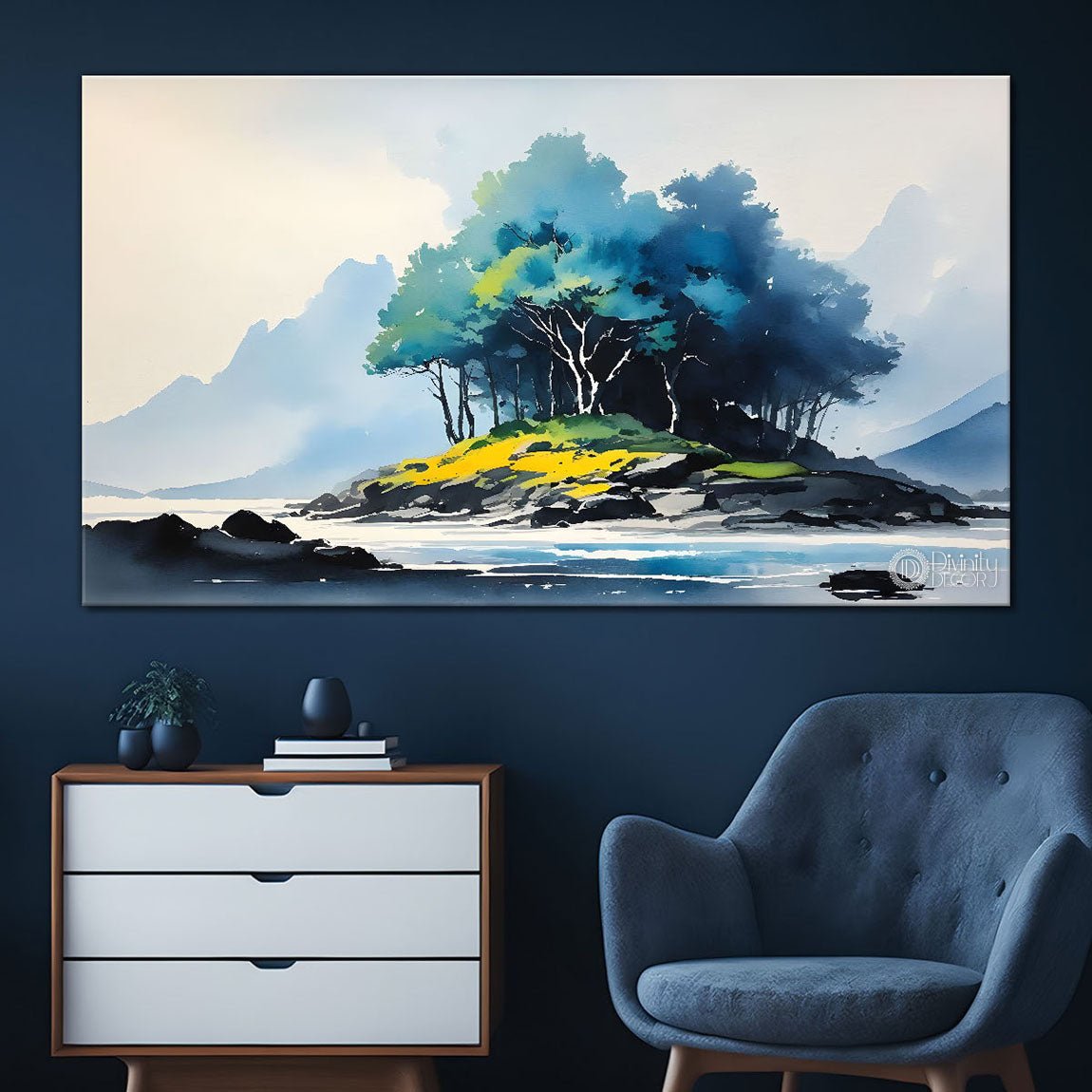 Mountains and trees in water color painting Canvas Painting - Nature Art -217