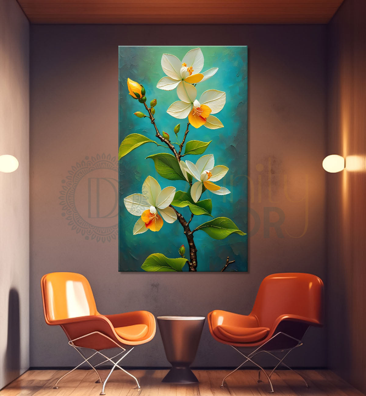 White flowers in green textured background painting- Flower-V-218