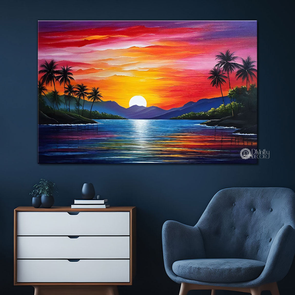 Mountains with trees and river with pink sky painting Canvas Painting - Nature Art -219