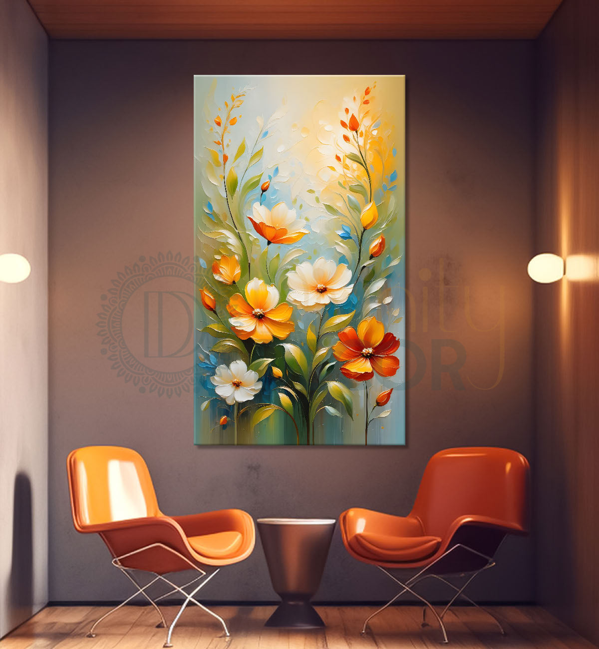 Colourful flowers in grey textured background painting- Flower-V-219