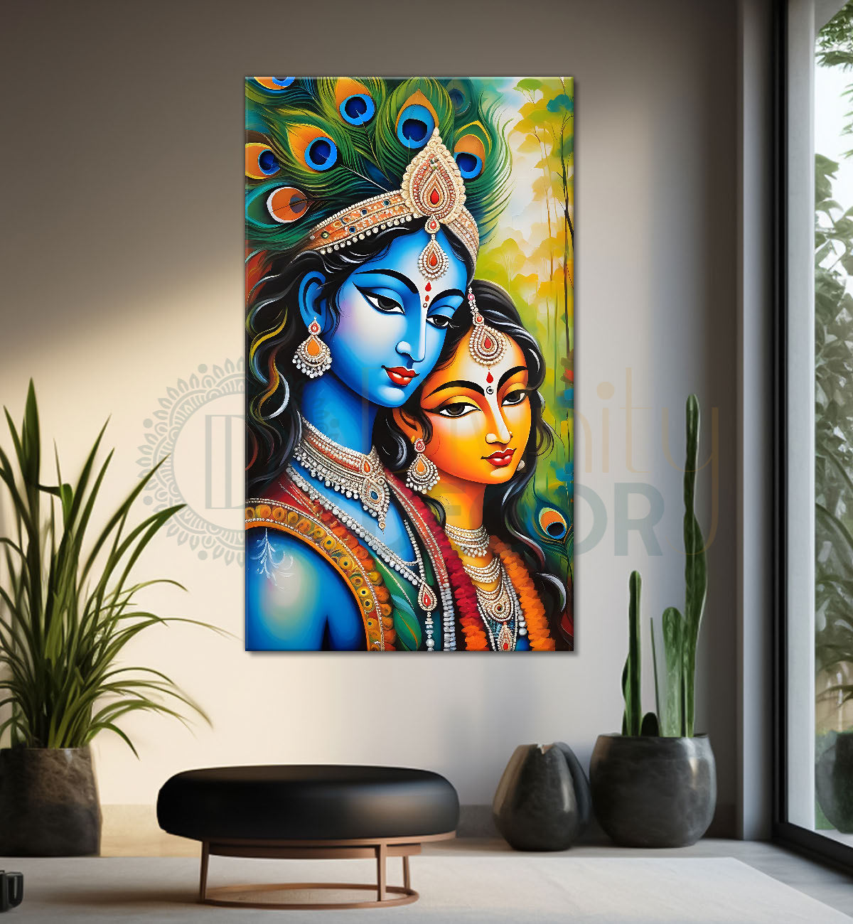 Blue face of krishna with radha in peacock feathers background textured art Canvas Painting - Design - Krishna-V-21
