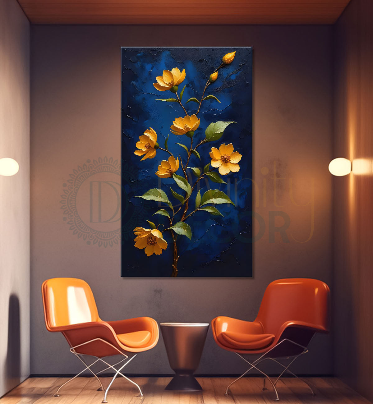 Yellow flowers in navy blue textured background painting- Flower-V-220