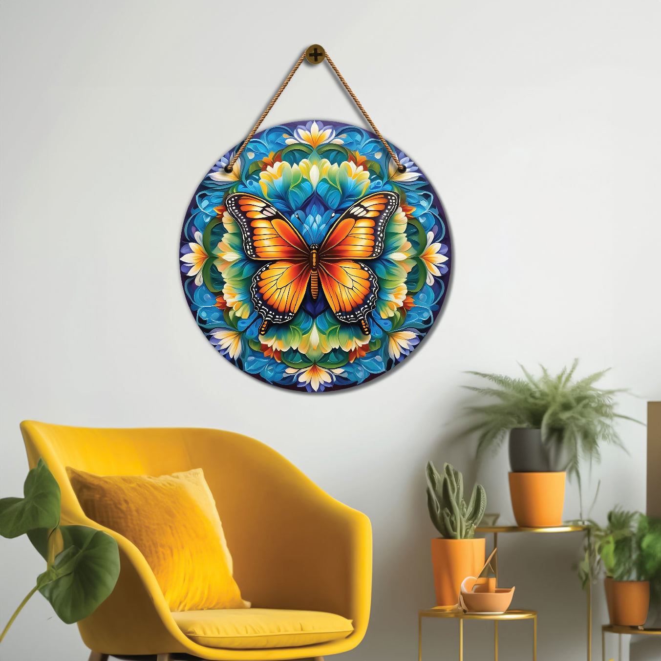 Butterfly in blue and white mandala Round Wooden Wall Hanging for wall Décor - Design - 221