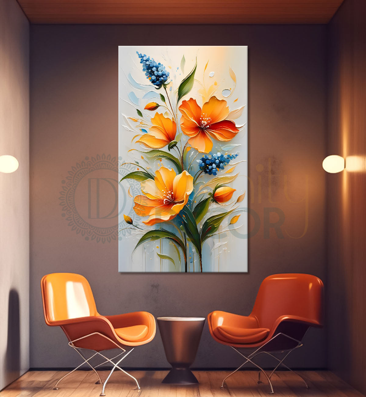 Orange flowers in grey textured background painting- Flower-V-221(Copy)
