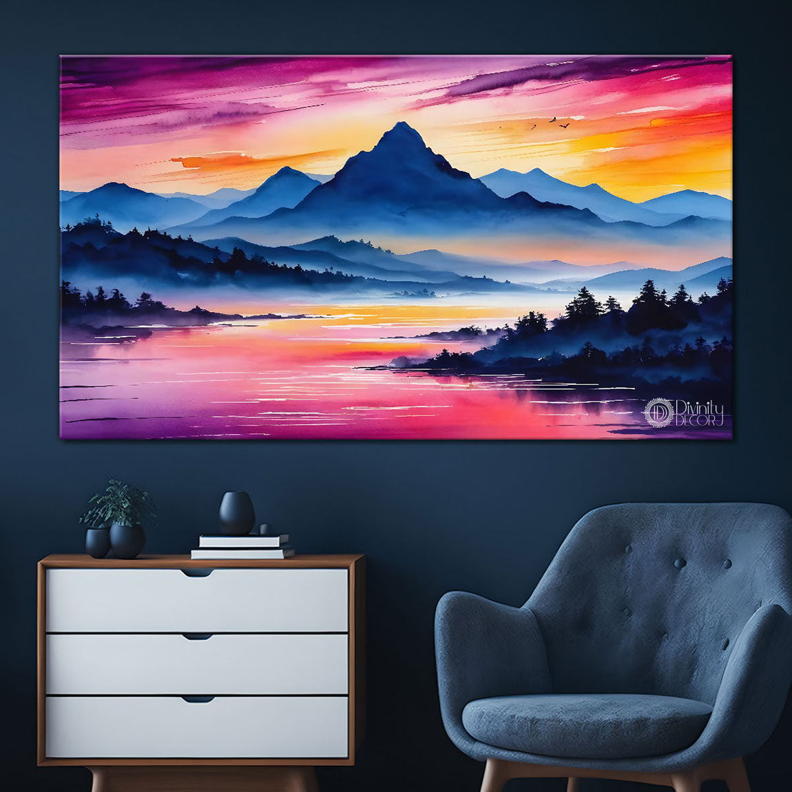 Mountains with river and pink sky painting Canvas Painting - Nature Art -221