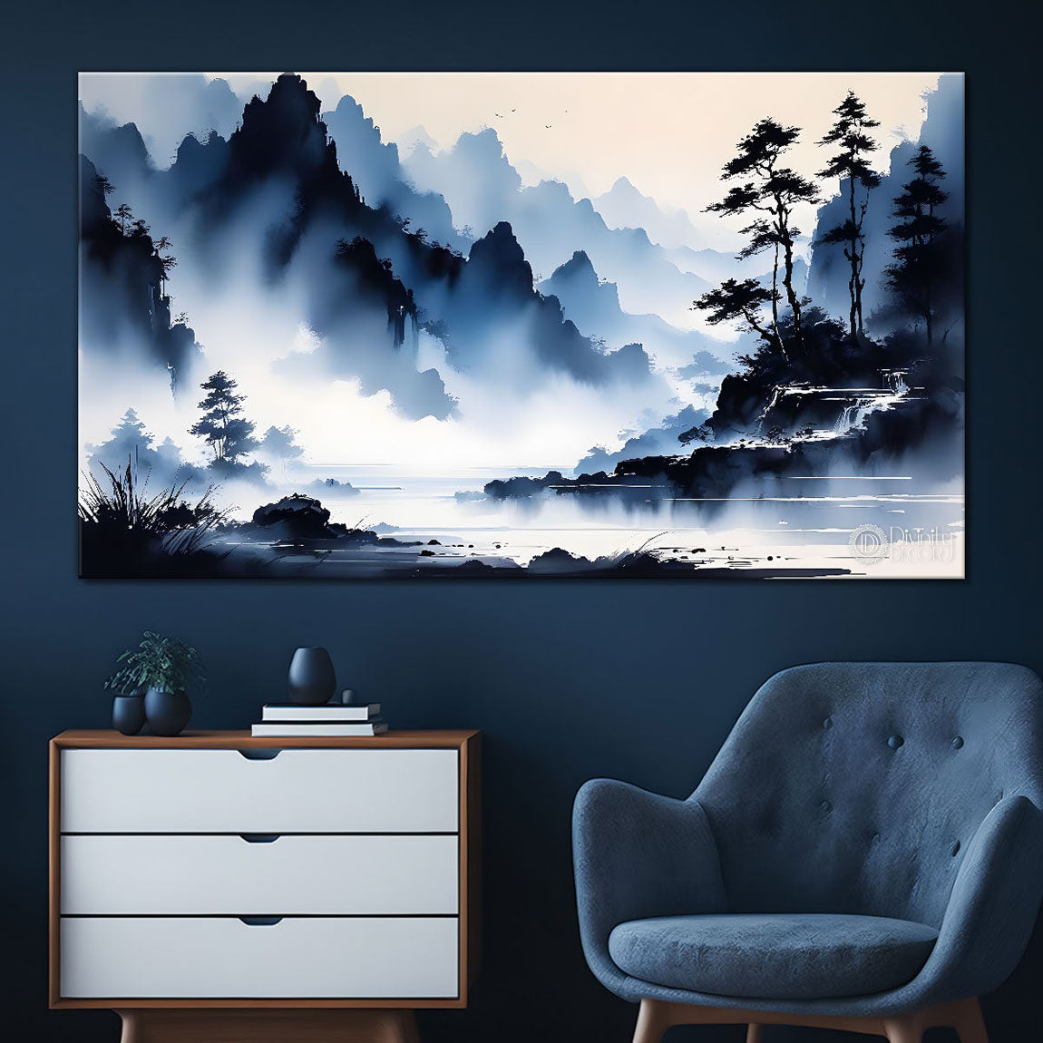 Mountains in clouds and trees water color painting Canvas Painting - Nature Art -222