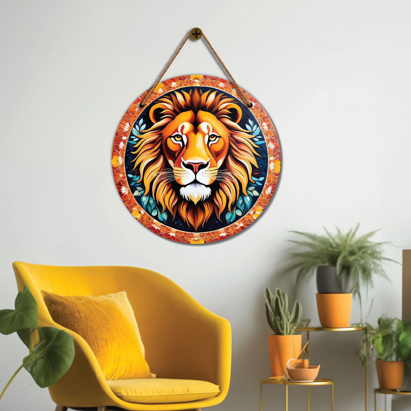 Lion in blue and orange mandala Round Wooden Wall Hanging for wall Décor - Design - 222