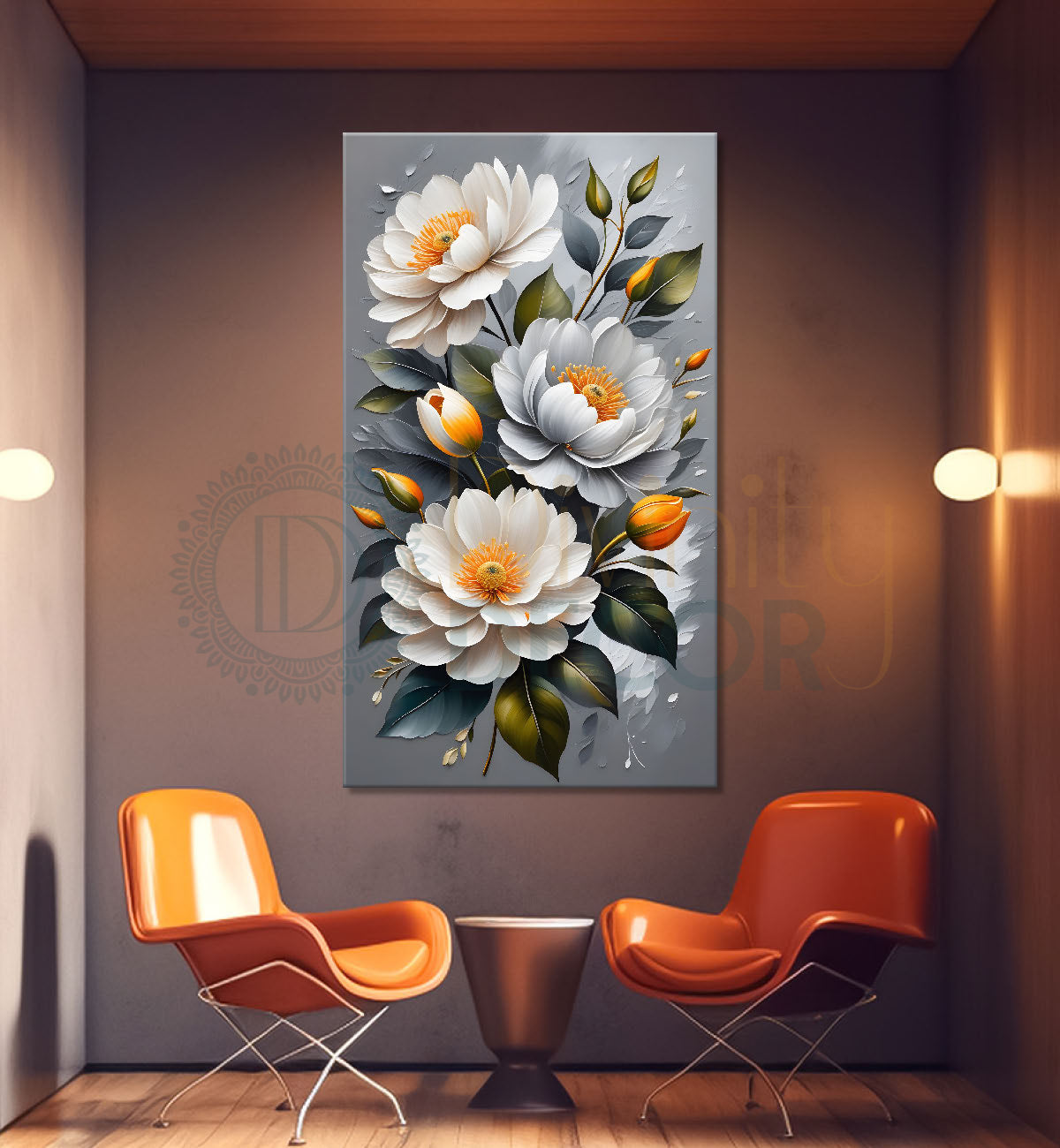 White flowers in grey textured background painting- Flower-V-222