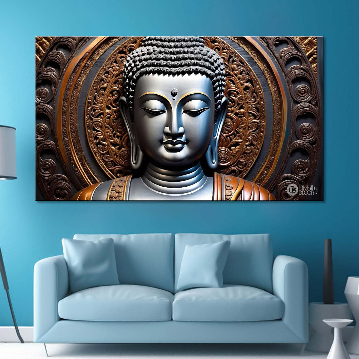 Grey buddha with dark textured background painting Canvas Wall Painting - Buddha-223